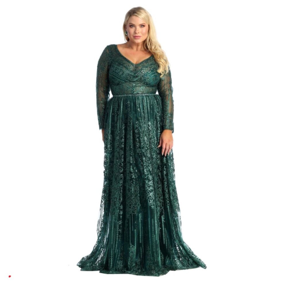 Hunter Green Prom Long V-Neck Long Sleeves A-Line Dress By Royal Queen RQ7920
